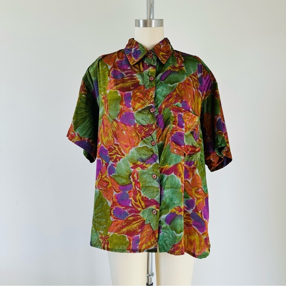 80s Double Breasted Tribal Olive Button Down Blouse